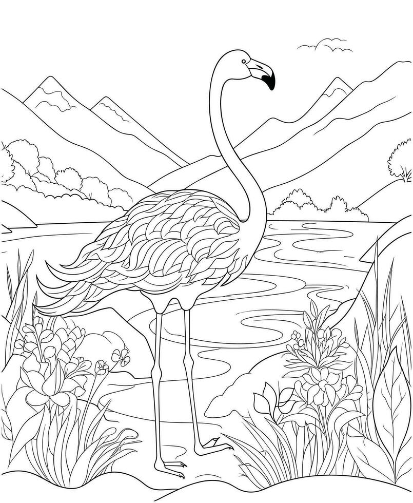 flamingo in a mountain river coloring page vector