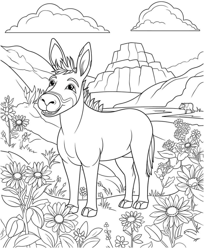 donkey and flowers with mountain coloring pages vector