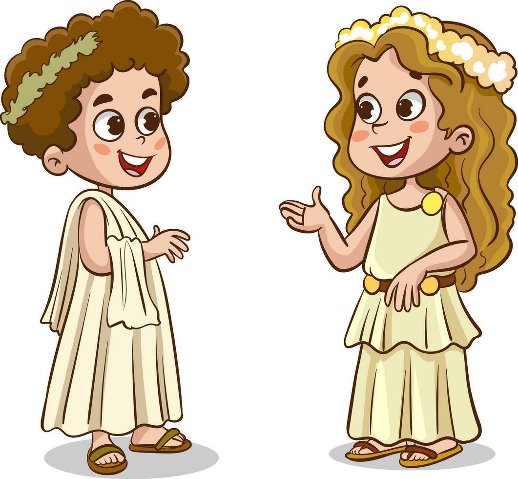 Cute little girl and boy in the ancient Greek costume. Vector ...