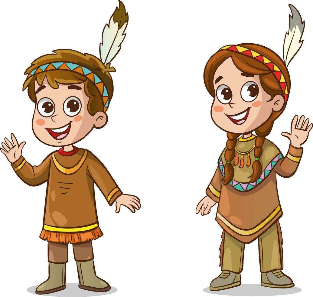 Cute boy and girl in native costume. Vector cartoon illustration.