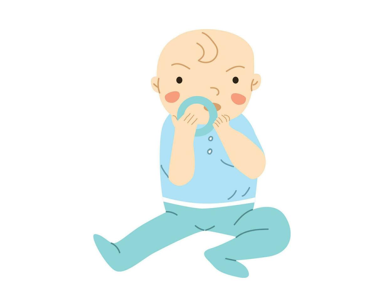 Small Baby Boy chewing teething toy. Vector illustration isolated, baby and teether ring.