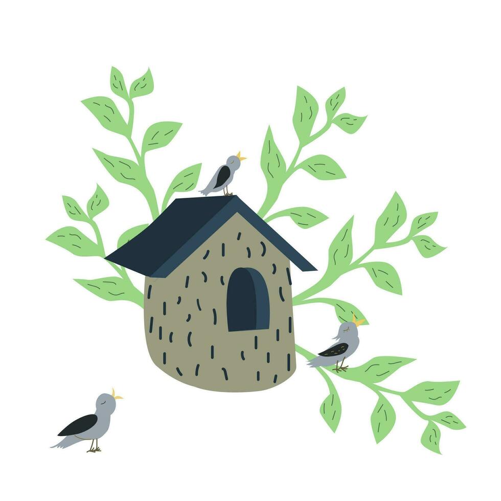 Hand drawn illustration of birdhouse with starling birds singing on a branch. Vector illustration on a white background.