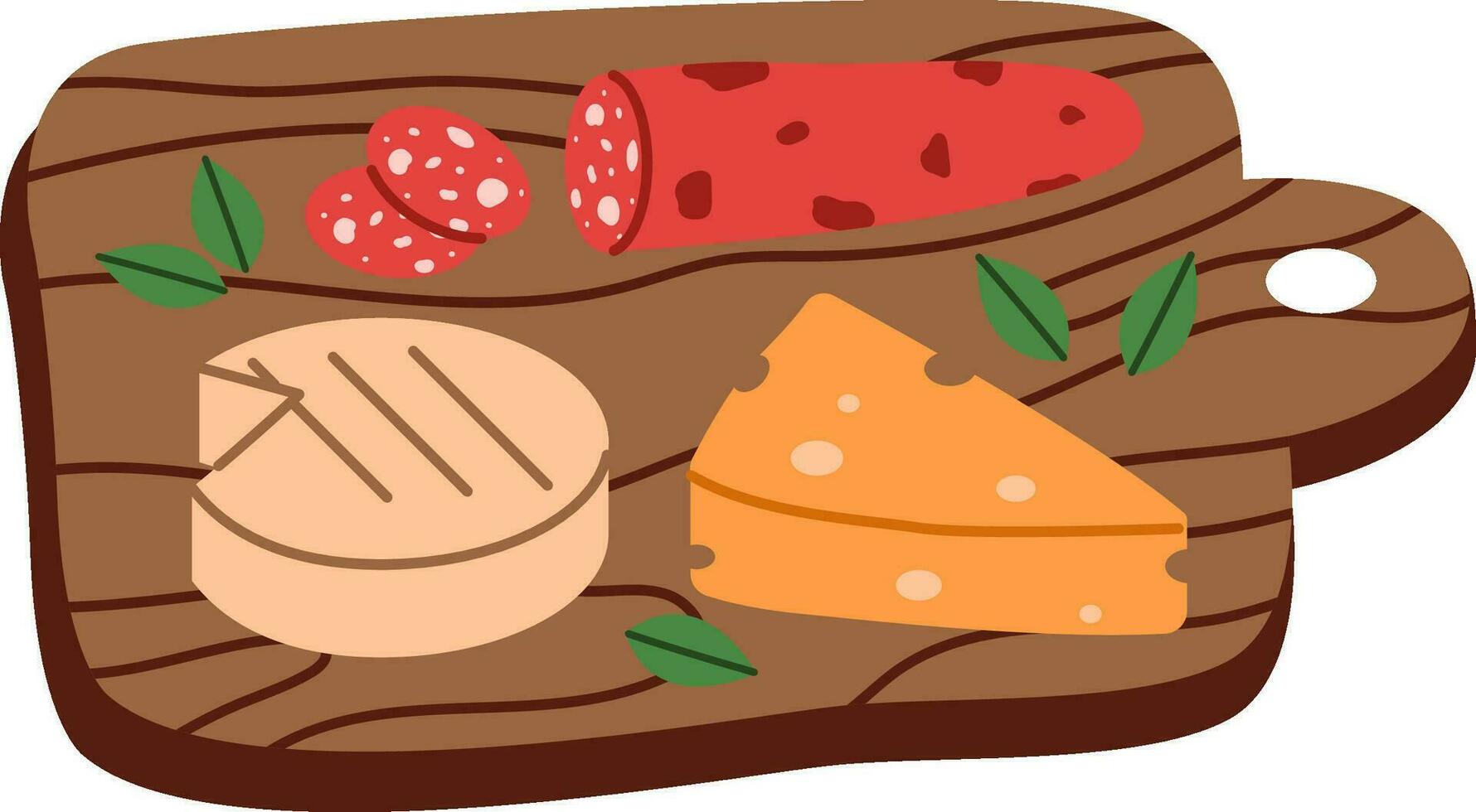 Wooden board with cheese and sausage. vector