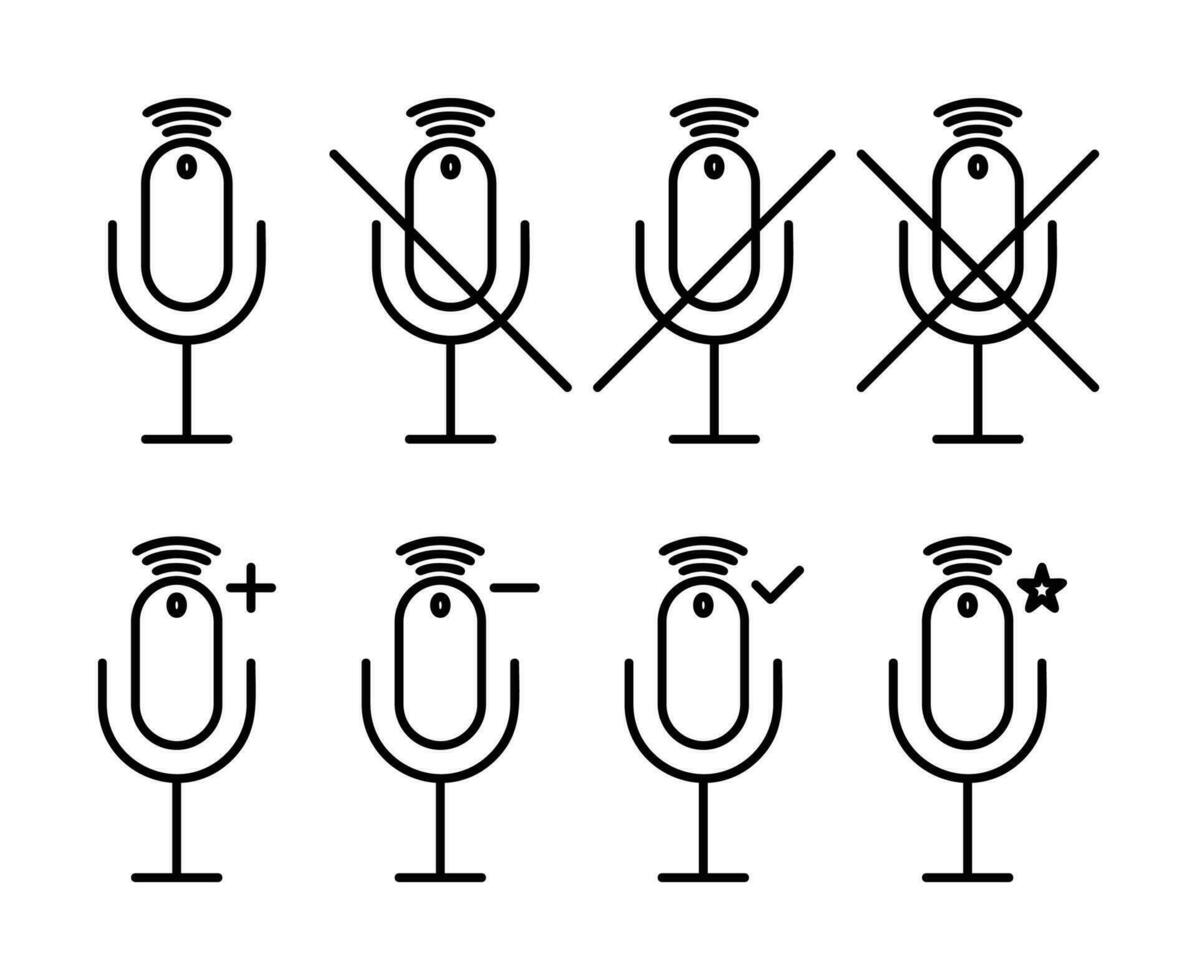 voice recorder or microphone icon set, mute mode, prohibit, increase, minus. line shape design for app, web and social media. vector