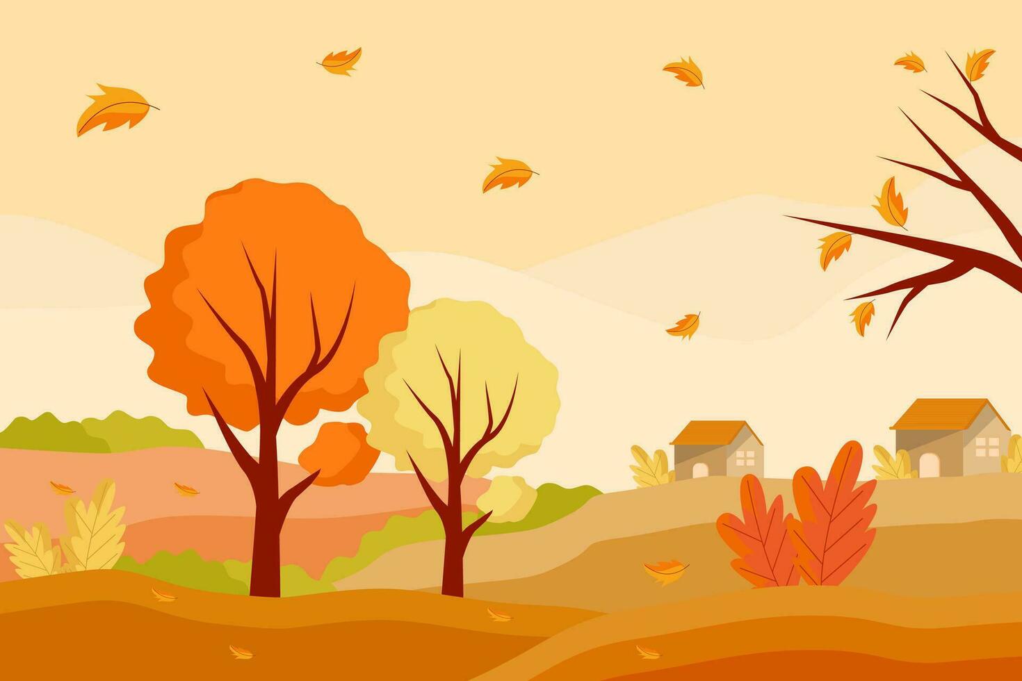 vector otoño antecedentes ilustración en plano diseño con árbol, hojas y casas