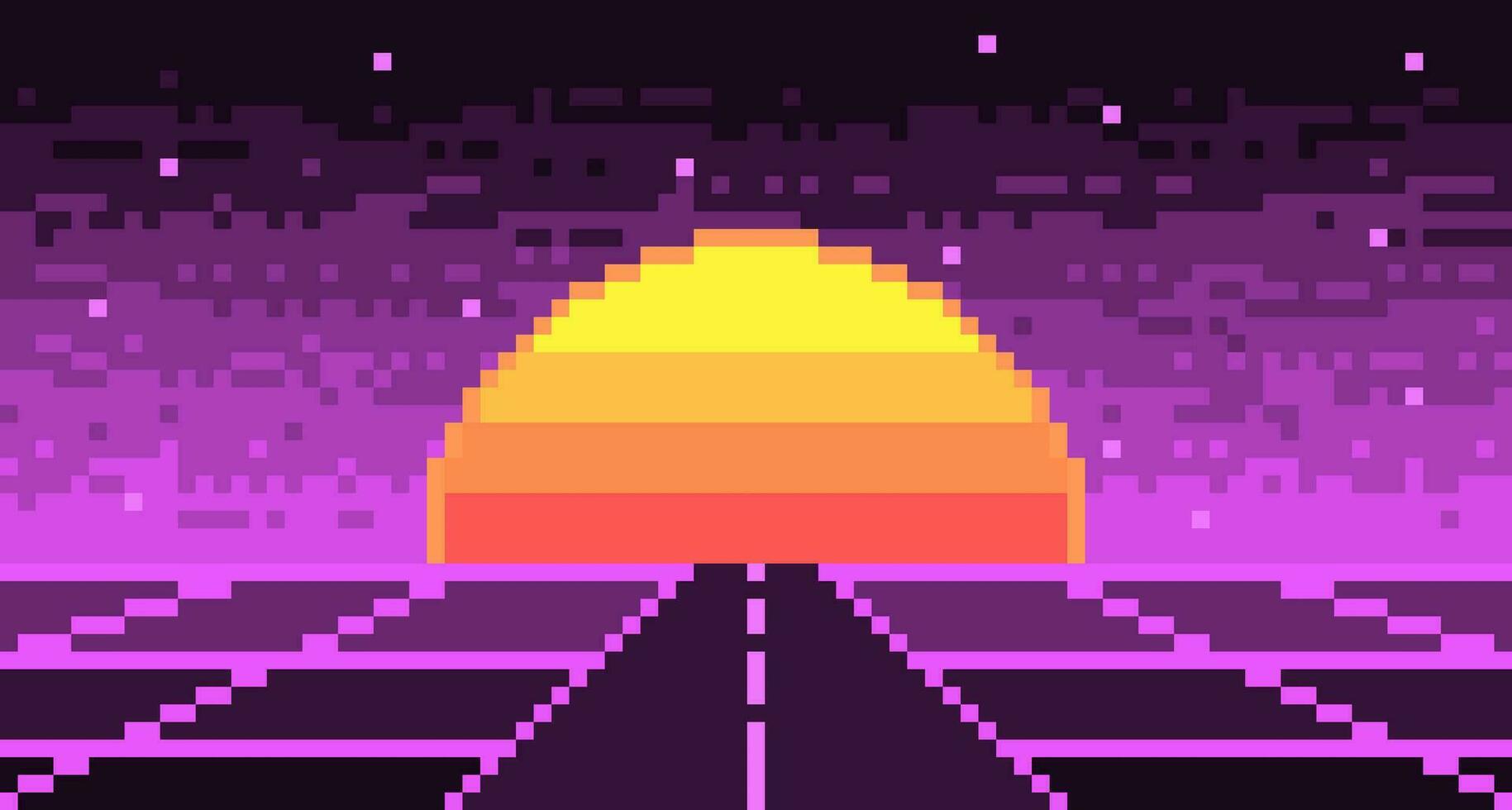 Road pixelated landscape with synthwave sun and stars background. Neon highway 8bit blank purple 80s grid with cyberpunk striped luminary. Electronic violet glow in 90s vector style