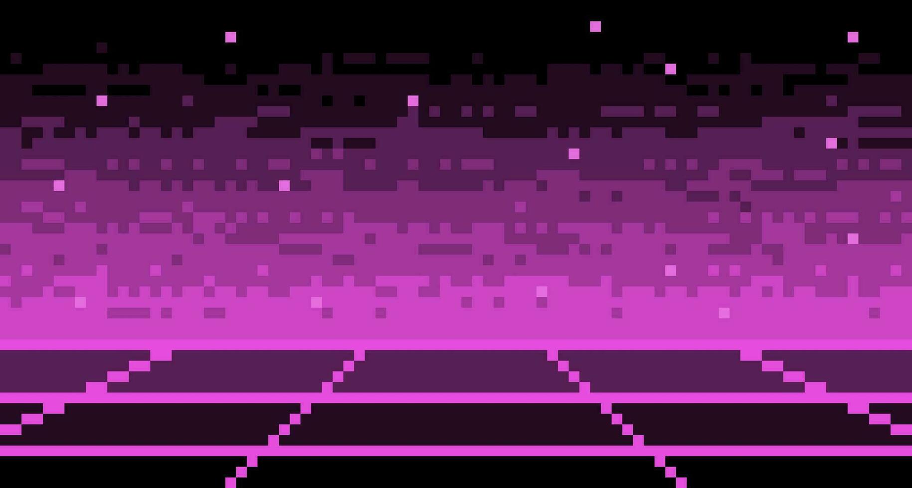 Pixel mesh neon synthwave surface background. Geometric 8bit blank purple 80s grid with cyberpunk striped luminary. Electronic violet glow in 90s vector style