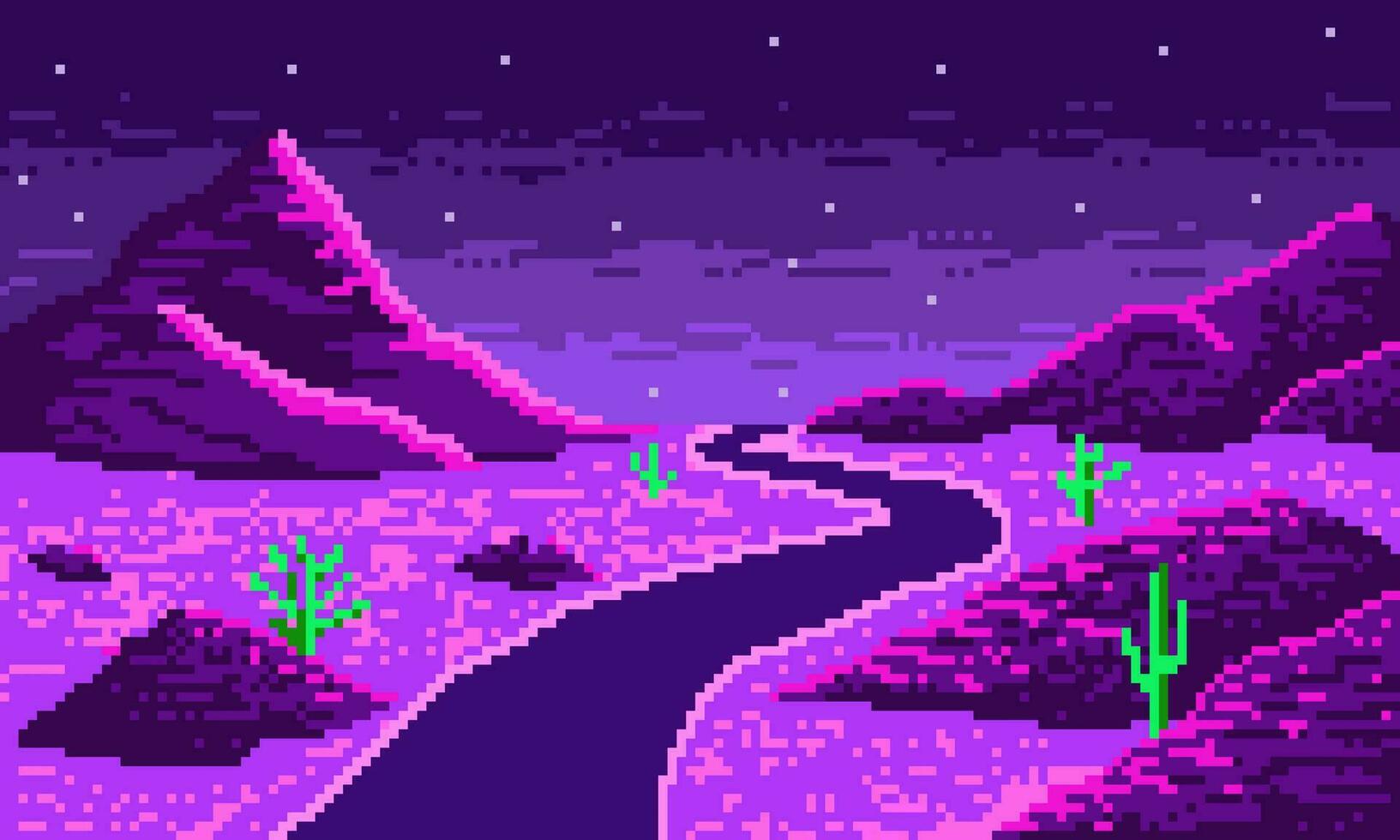 Night pixelated neon desert with winding road background. Hot synthwave 8bit valley with starry sky with purple road and hills vector thorny green cacti.