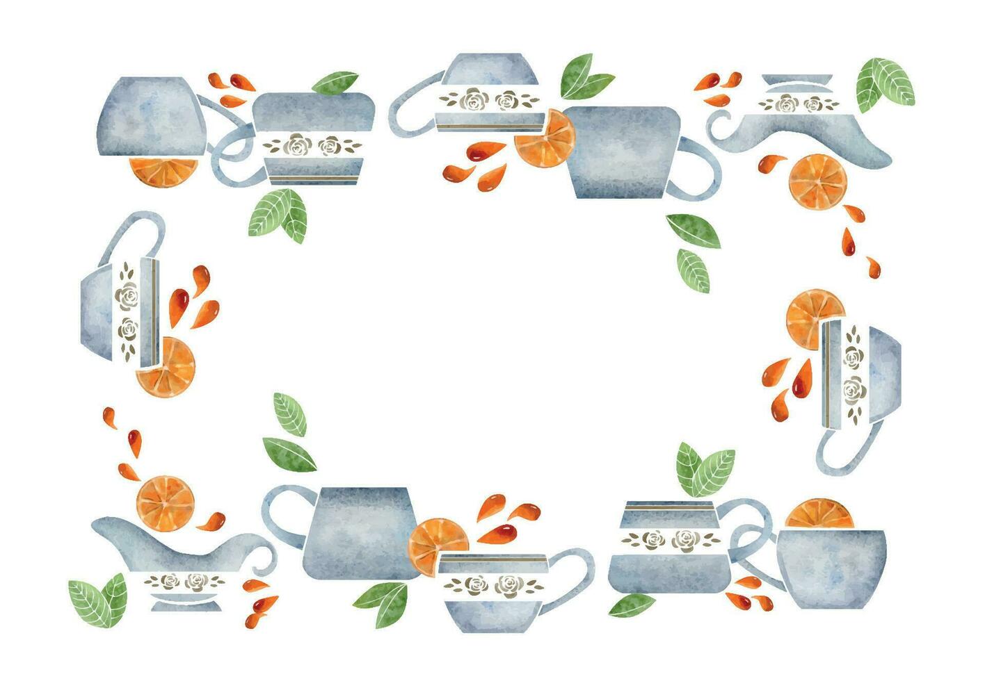 acuarela mano dibujado frontera marco con porcelana oro café tazas, desnatadora, hojas, naranja rebanadas aislado en blanco antecedentes. para invitaciones, cafetería, restaurante comida menú, imprimir, sitio web, tarjetas vector