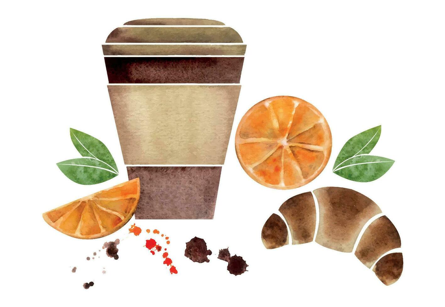 Watercolor hand drawn composition with paper coffee cups, bags, croissants, orange slices, leaves. Isolated on white background. For invitations, cafe, restaurant food menu, print, website, cards vector