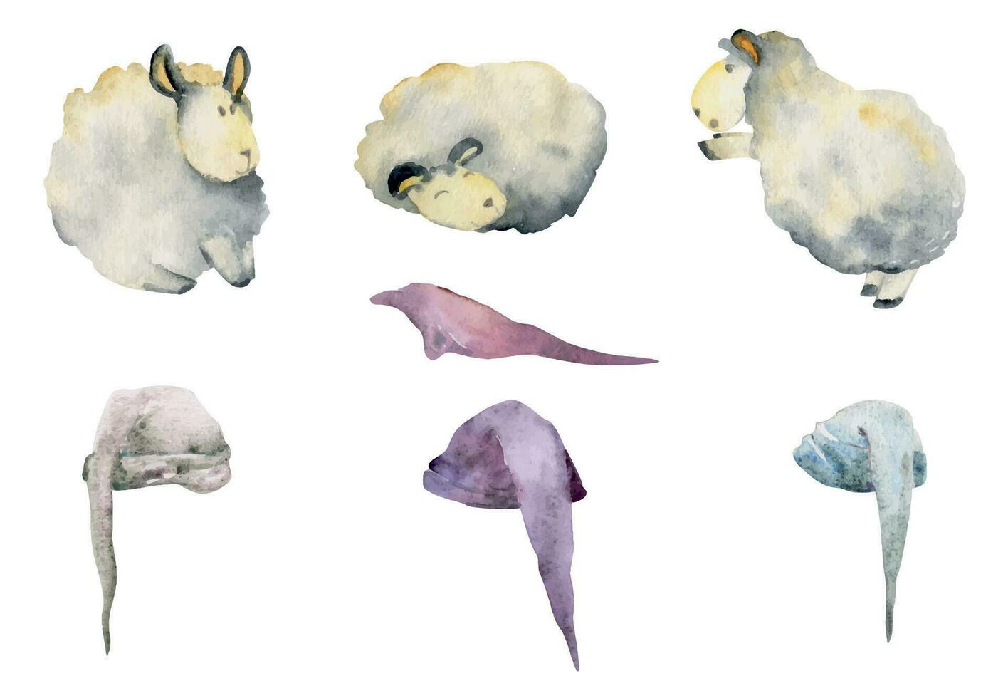 Watercolor hand drawn illustration, magical cute plush baby sheep animals, sleeping hats, cartoon toy character. Single object isolated on white background. Kids children bedroom, fabric, linens print vector