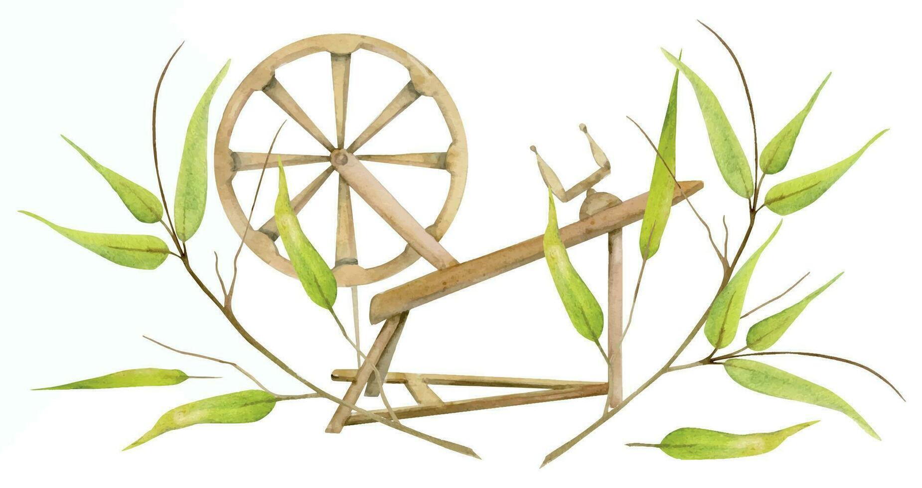 Hand drawn watercolor spinning wheel with bamboo leaves on branch. Natural plant. Botanical illustration isolated object composition on white background. For shop logo print, website, card, booklet. vector