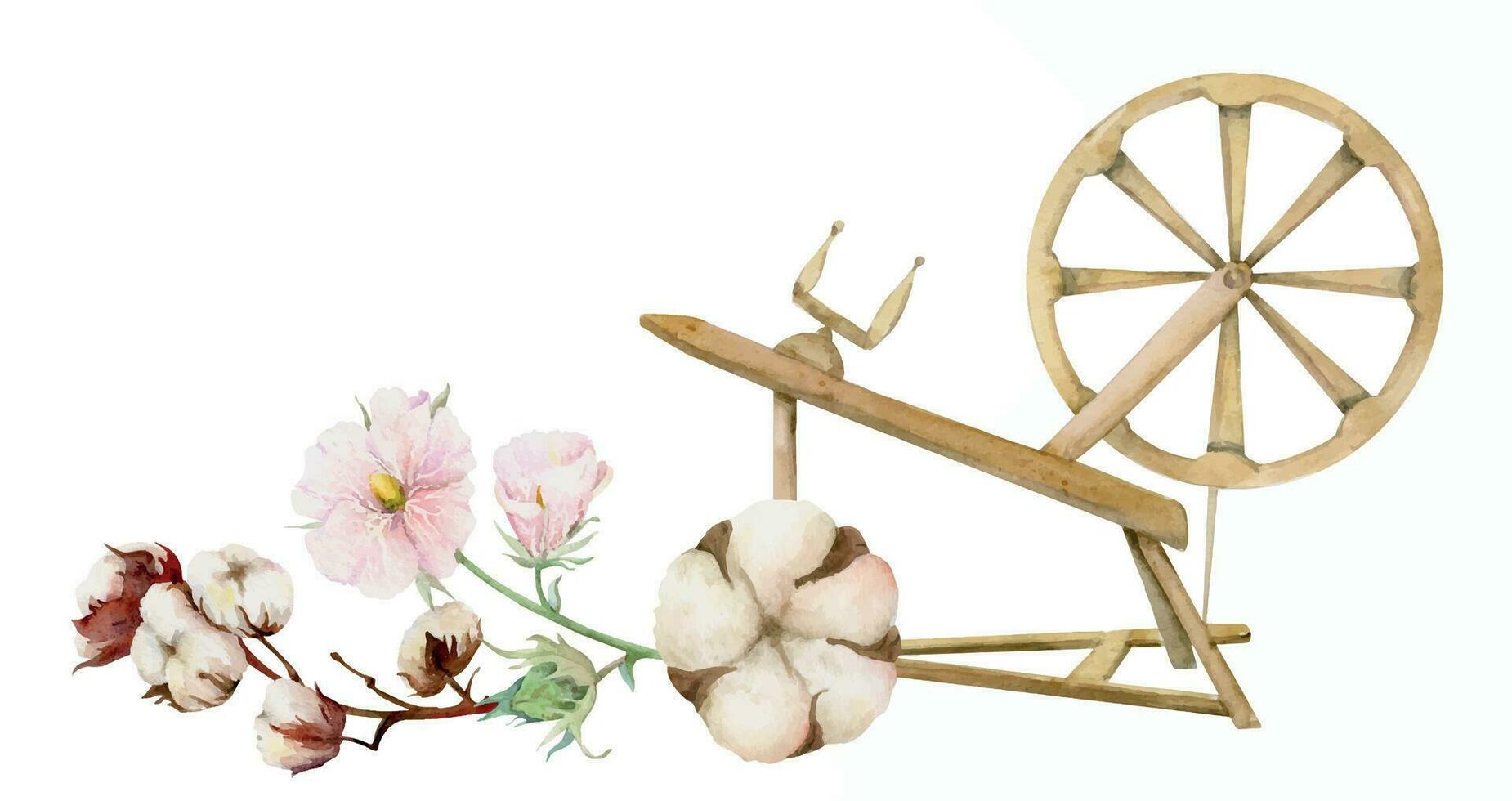 Hand drawn watercolor spinning wheel with cotton flowers and boll. Natural plant. Botanical illustration isolated object composition on white background. For shop logo print, website, card, booklet. vector