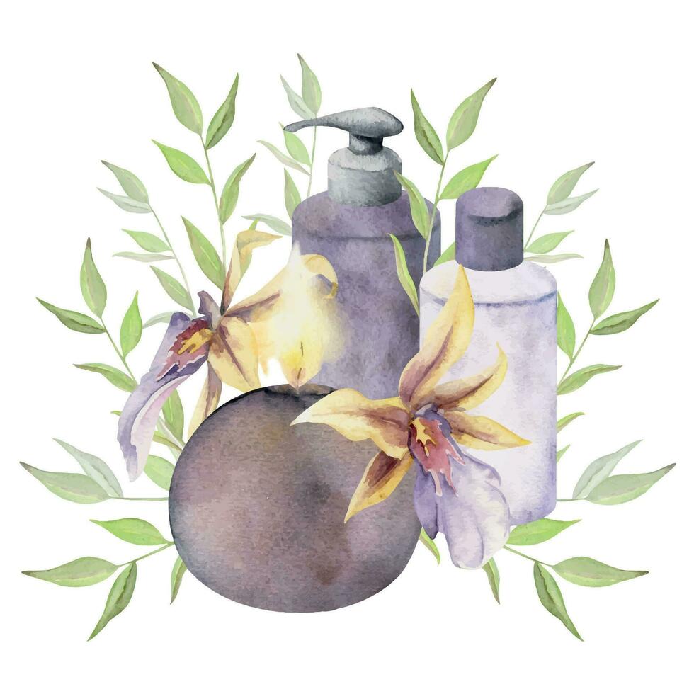 Hand drawn watercolor spa skincare bath beauty products package flowers. Horizontal composition Isolated on white background. Design for wall art, wellness resort, print, fabric, cover, card, booklet. vector