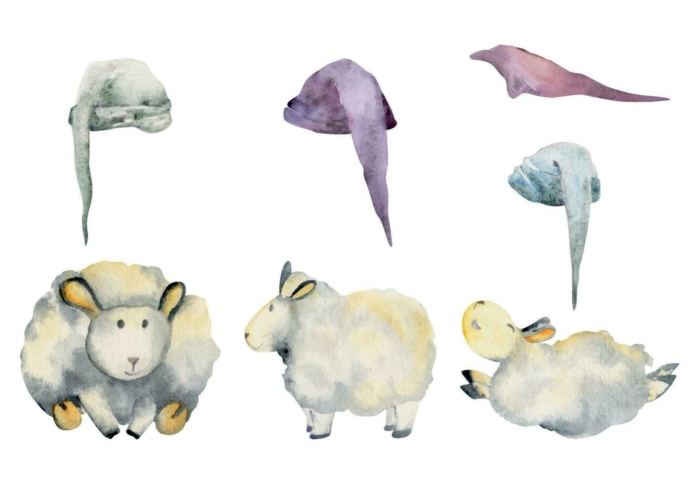 Watercolor hand drawn illustration, magical cute plush baby sheep animals, sleeping hats, cartoon toy character. Single object isolated on white background. Kids children bedroom, fabric, linens print vector