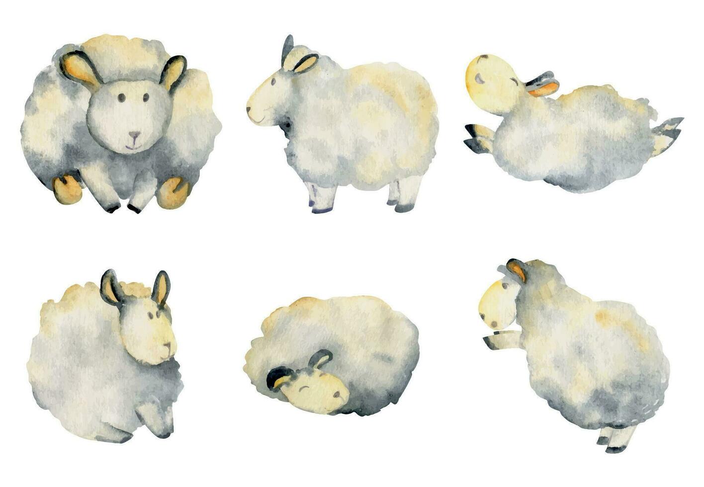 Watercolor hand drawn illustration, magical cute plush baby sheep animals, sleeping hats, cartoon toy character. Single object isolated on white background. Kids children bedroom, fabric, linens print vector