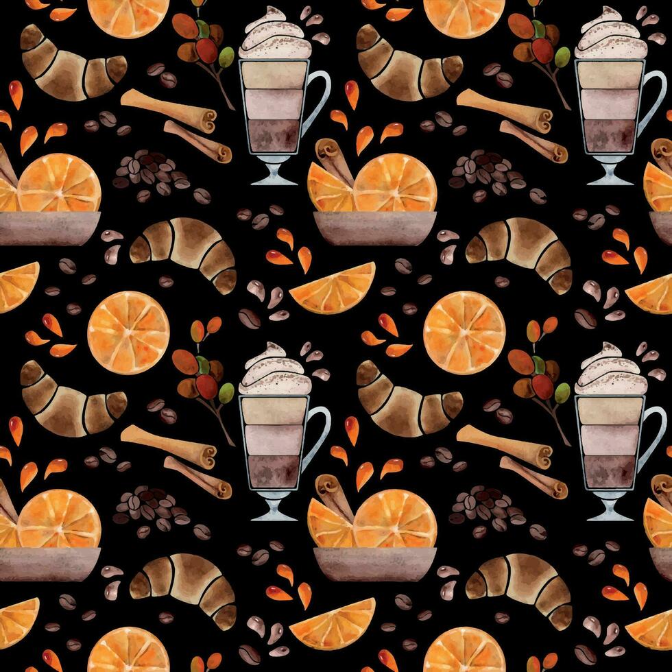 Watercolor hand drawn seamless pattern with coffee cups, beans, orange, cinnamon, croissant, bags. Isolated on dark background. For invitations, cafe, restaurant food menu, print, website, cards vector