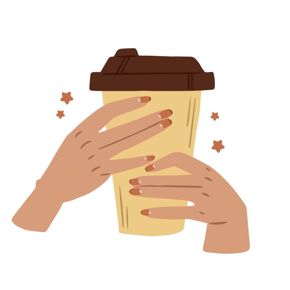 Female hands with red manicured nails holding cup of coffee. Nails design. Concept of beauty. Hand drawn colored modern vector illustration isolated on white background