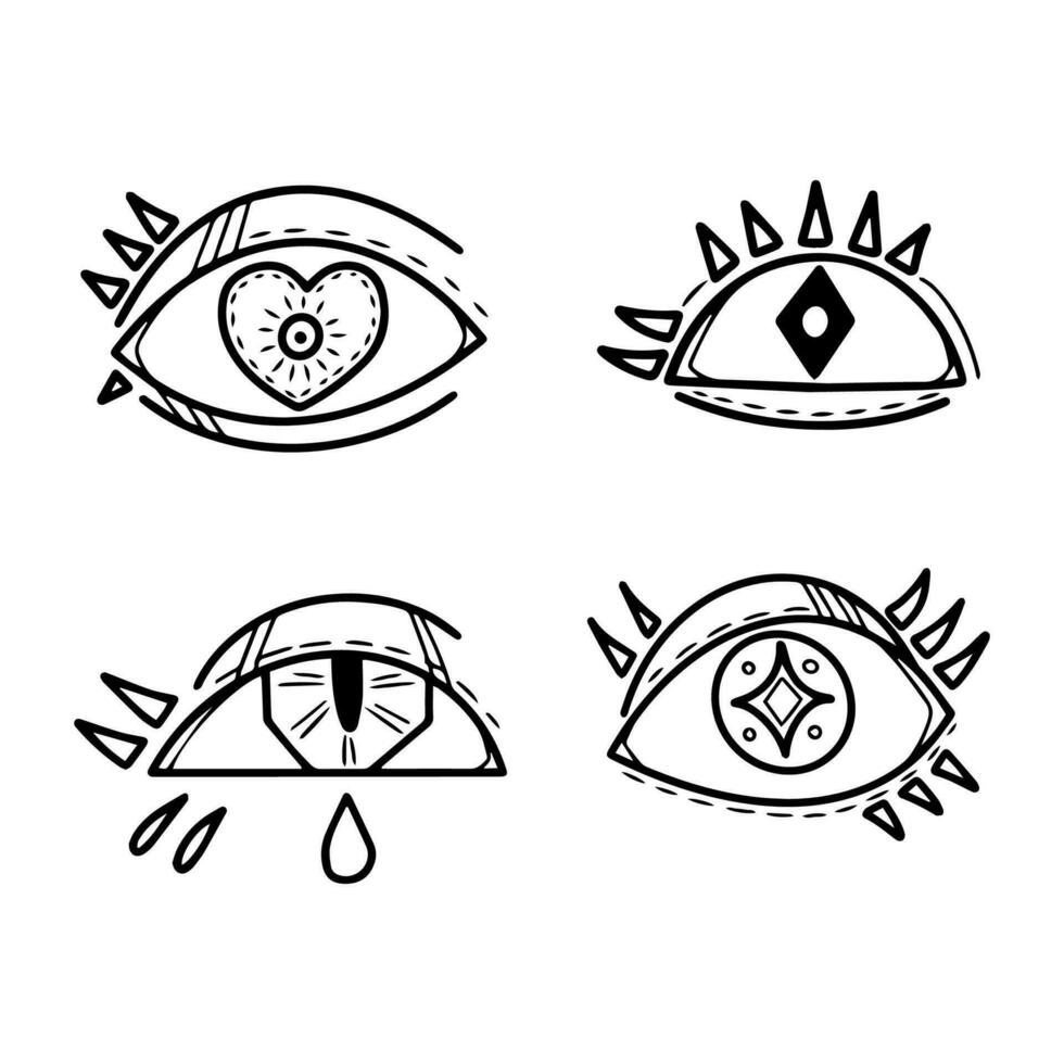 Set of doodle eyes. Mystic eyes collection. Hand drawn cartoon. Vector illustration isolated on white.