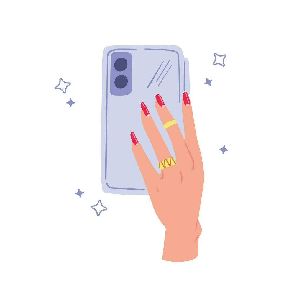 Female hand with red manicured nails holding phone. Nails design. Selfie. Hand drawn colored modern vector illustration isolated on white background