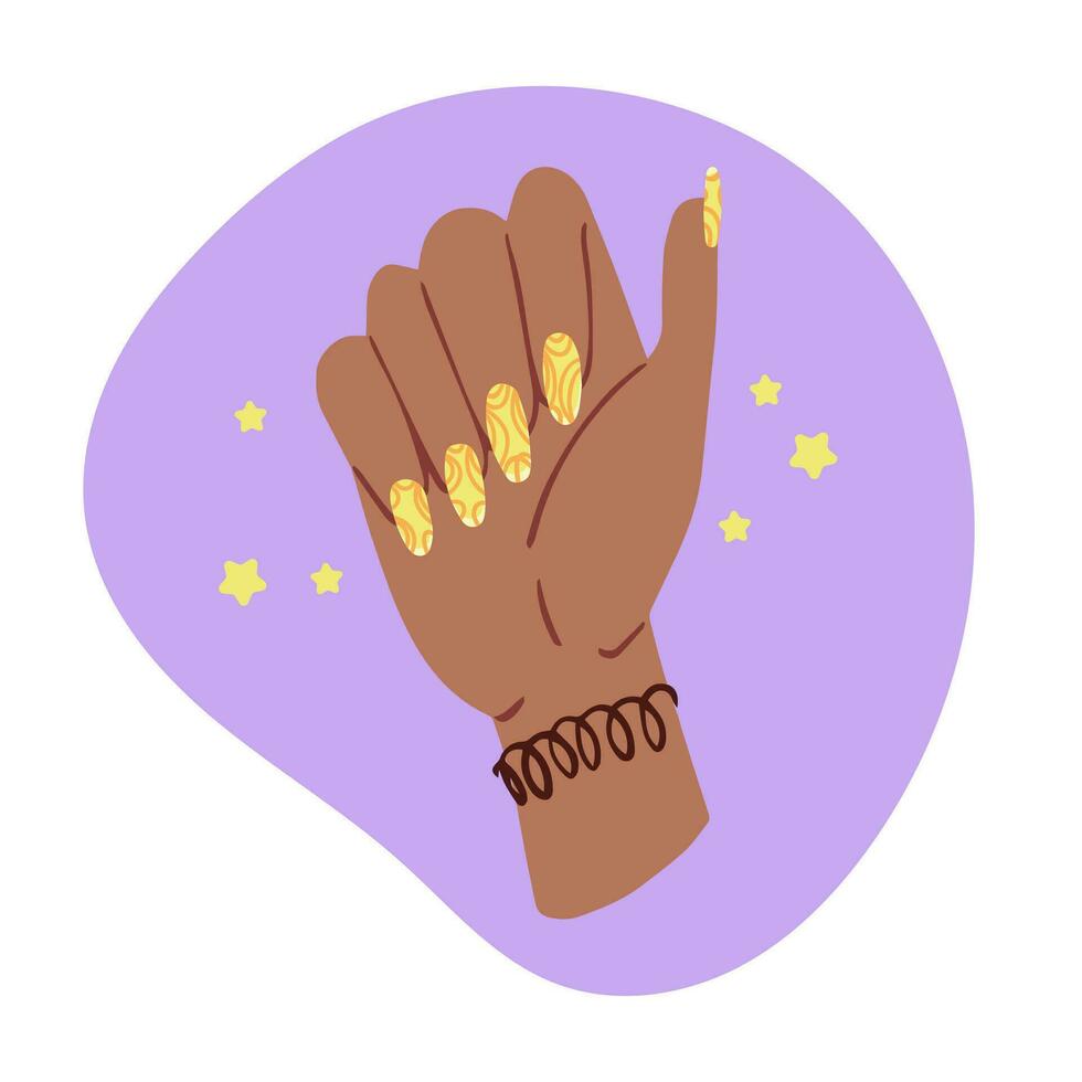 Female hand with colored manicured nails. Nails design. Hand drawn colored modern vector illustration isolated on white background