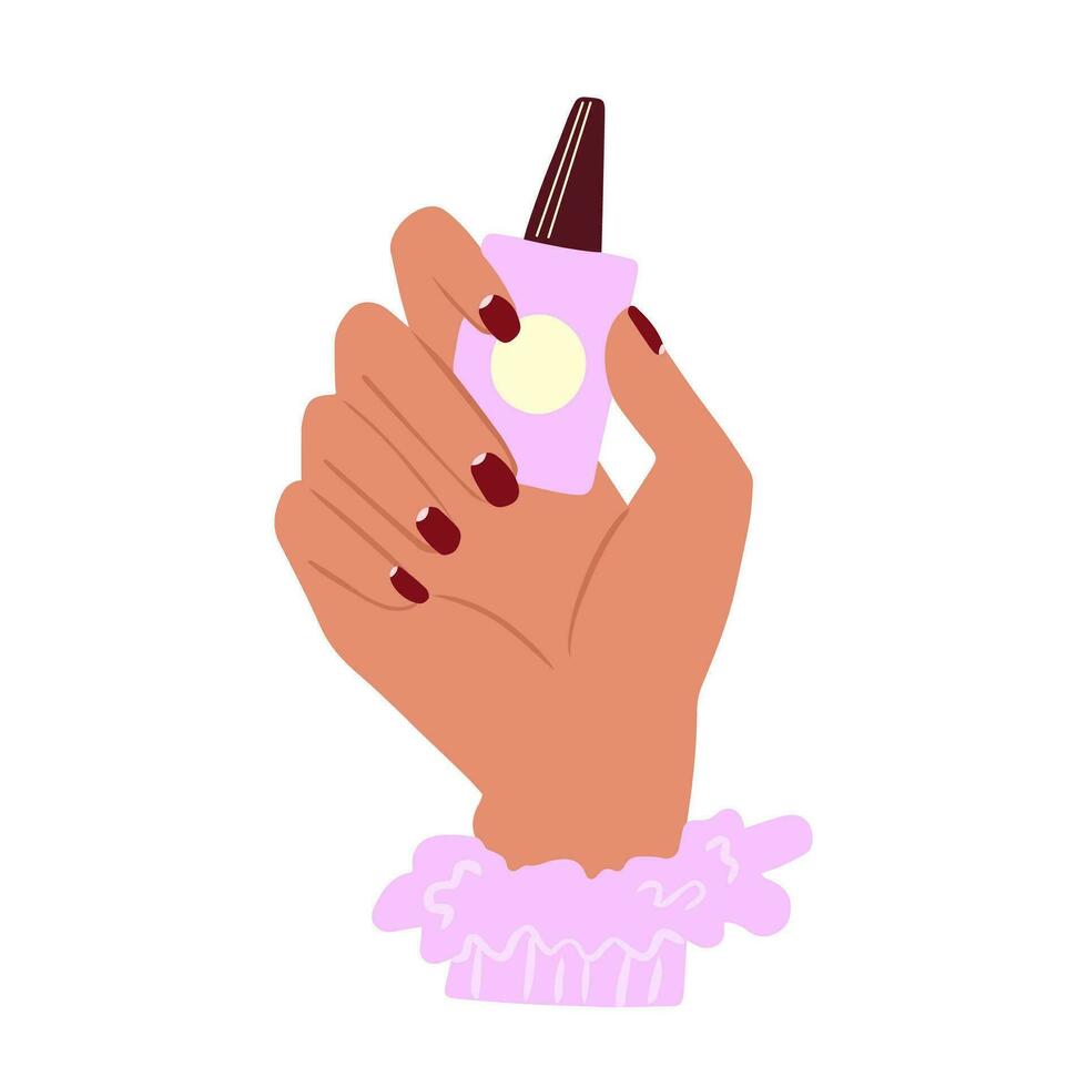 Female hand with brown manicured nails holding jar of polish. Nails design. Concept of beauty. Hand drawn colored modern vector illustration isolated on white background