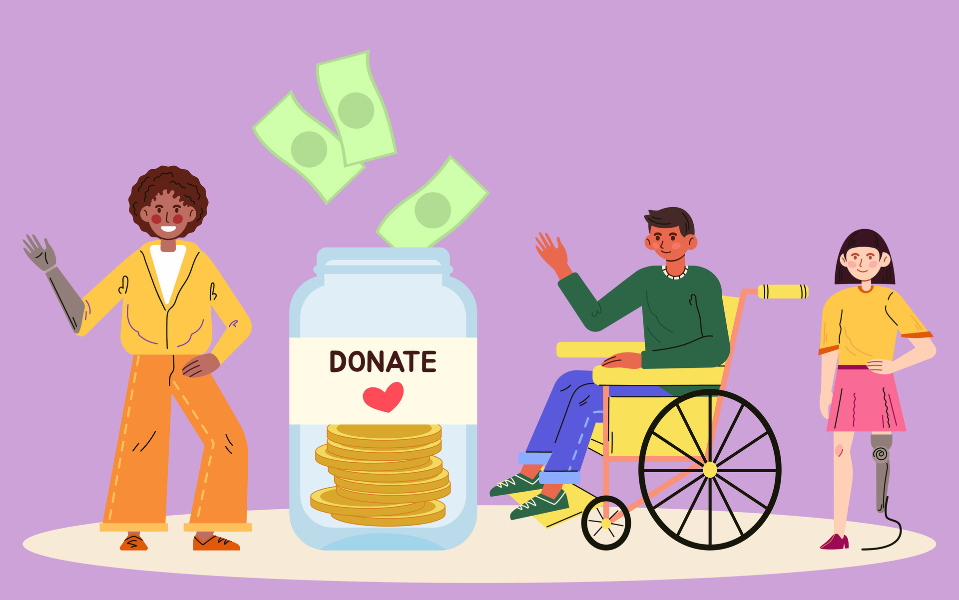 Donate. Supporting disabled persons in wheelchair concept. Social