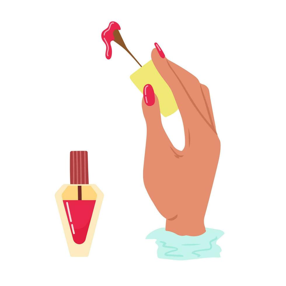 Female hand with red manicured nails holding brush for polish. Nails design and jar of polish. Concept of beauty. Hand drawn colored modern vector illustration isolated on white background