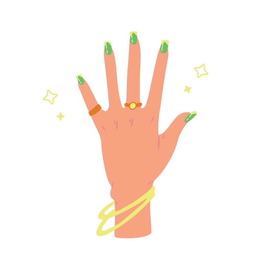 Female hand with colored manicured nails, rings. Nails design. Hand drawn colored modern vector illustration isolated on white background