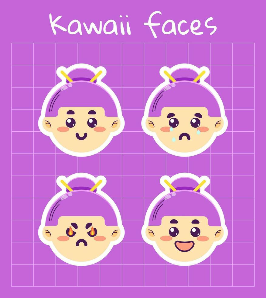 Set of cute colorful trendy portraits with different emotions. Simple modern cartoon kawaii girls on grid background. Vector illustration