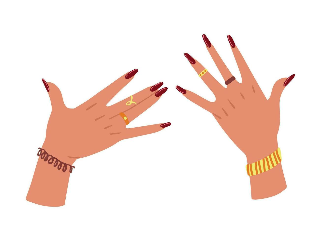 Female hands with red manicured nails, rings. Nails design. Hand drawn colored modern vector illustration isolated on white background