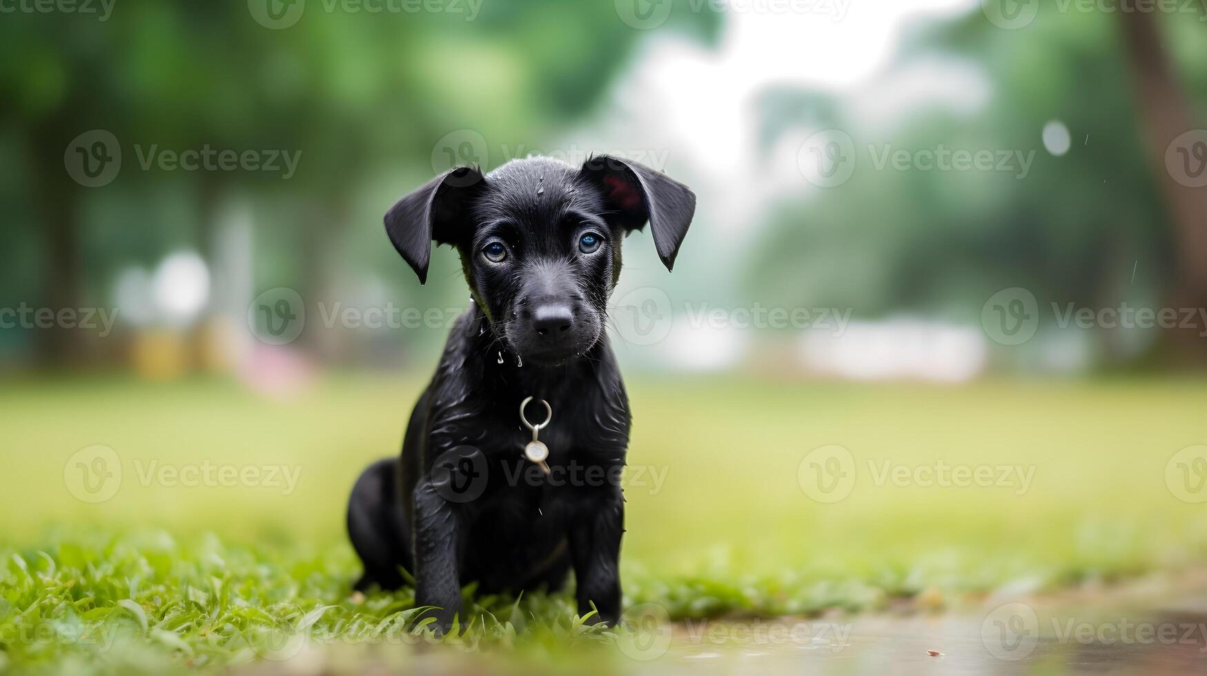 a black puppy is sitting in the rain photo