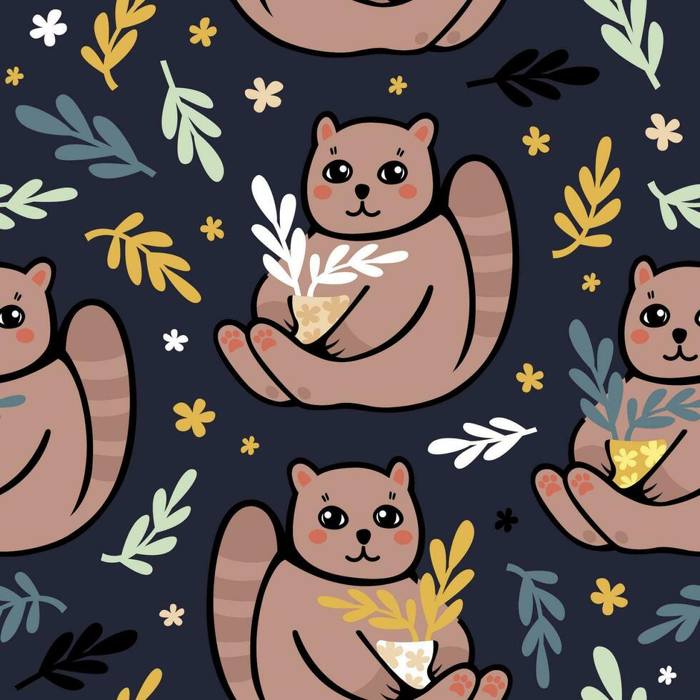 A cute cat sits and holds a pot with a plant in its paws. Gardener cat. Vector baby illustration. Seamless pattern for fabric, wallpaper, and wrapping paper.