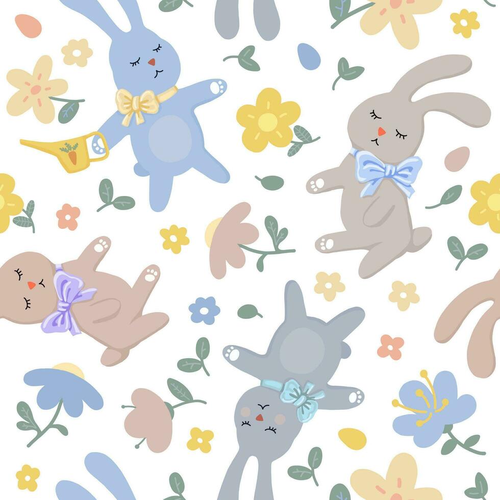vector seamless pattern. cute spring cartoon gardeners bunnies, plants and flowers. Happy Easter. flat illustration. for baby clothes, fabrics, bed linen, wallpaper, wrapping paper