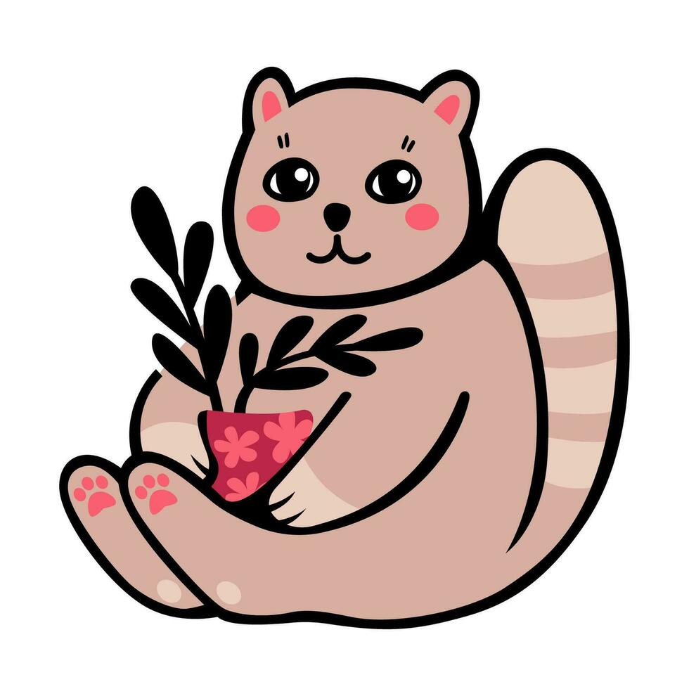 A cute cat sits and holds a pot with a plant in its paws. Gardener cat. Vector baby illustration.