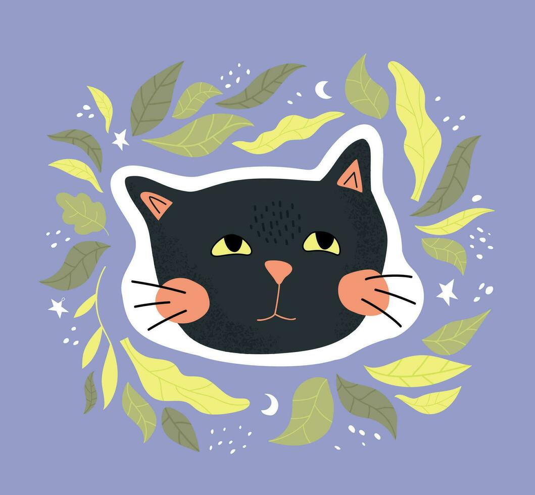 Cute sticker with a cat and leaves. Flat childish illustration.. vector