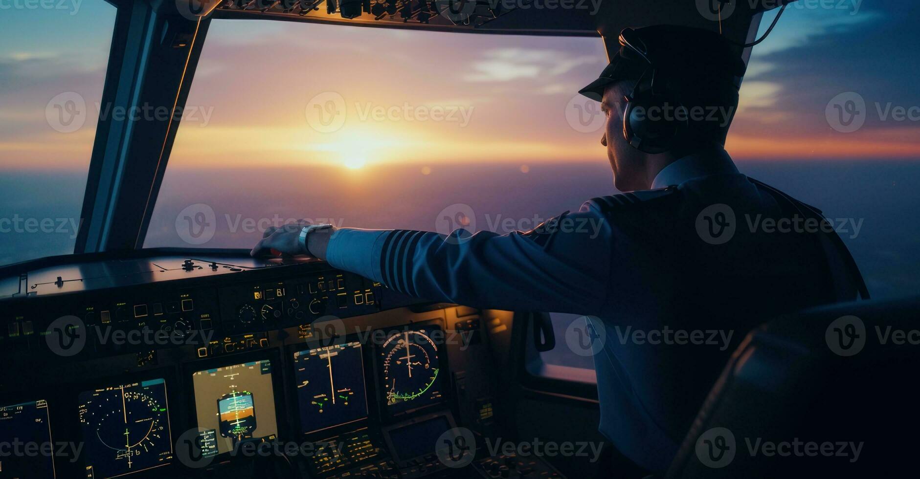 Pilot scans cockpit instruments amid skyline. photo
