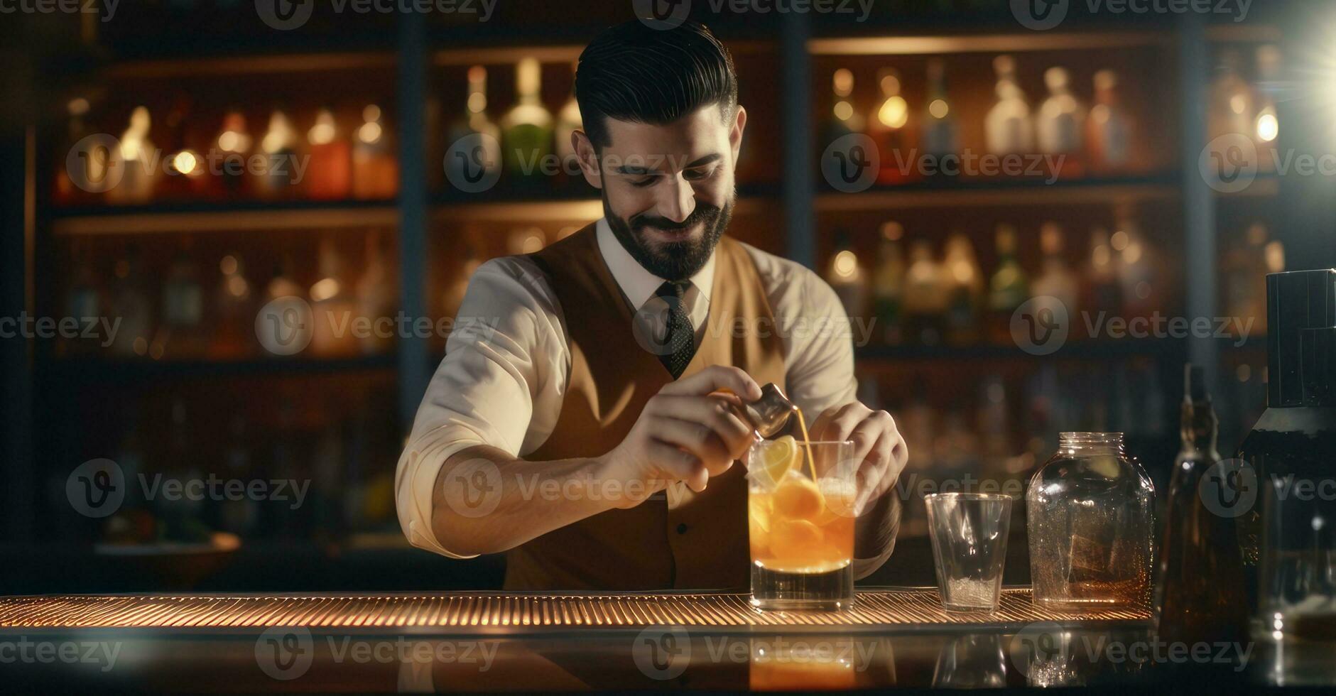 Bartender crafts cocktail for eager patrons. photo