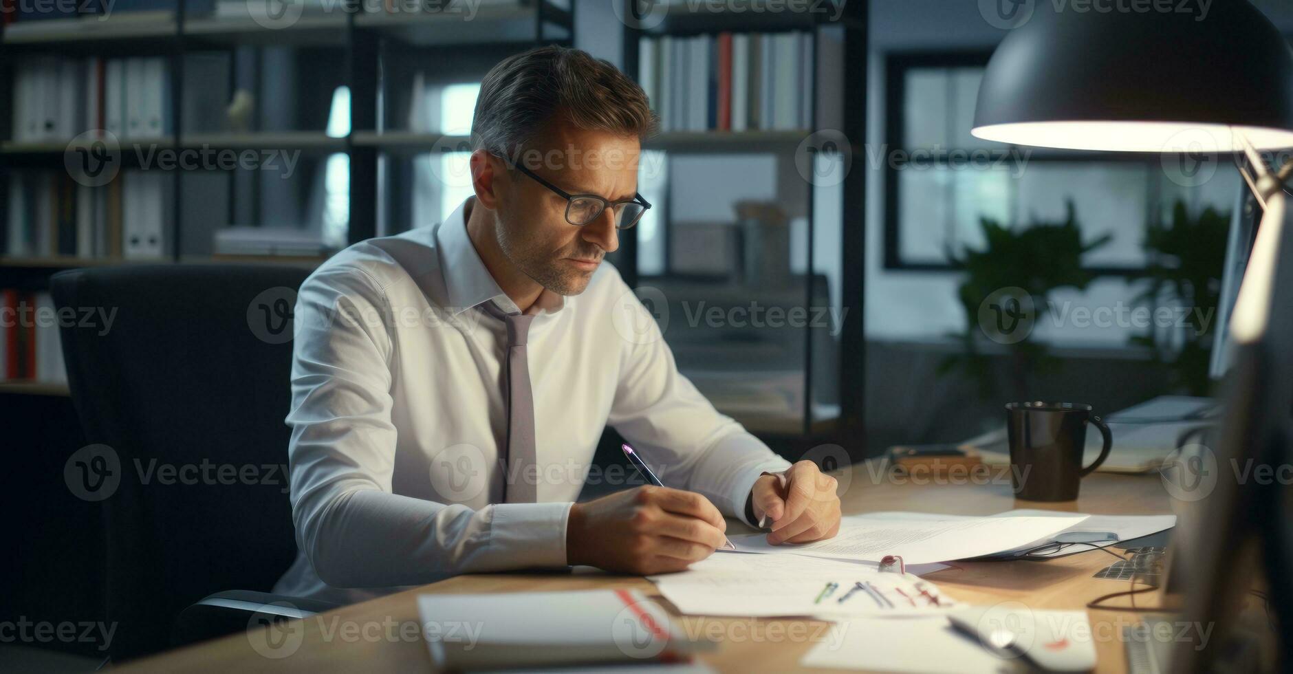 A dedicated employee is the last one in the office, working overtime at his desk photo