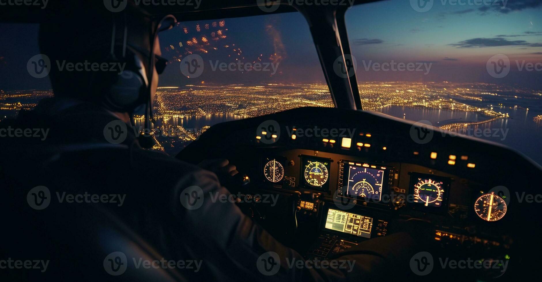 Pilot scans cockpit instruments amid skyline. photo
