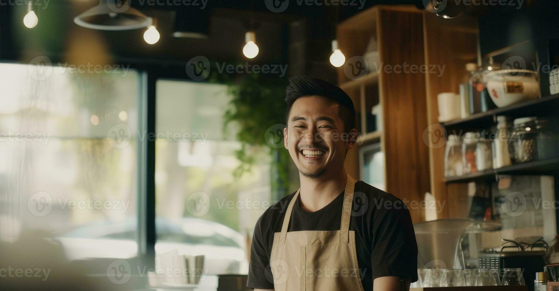 Cafe owner greets patrons in cozy ambiance. photo