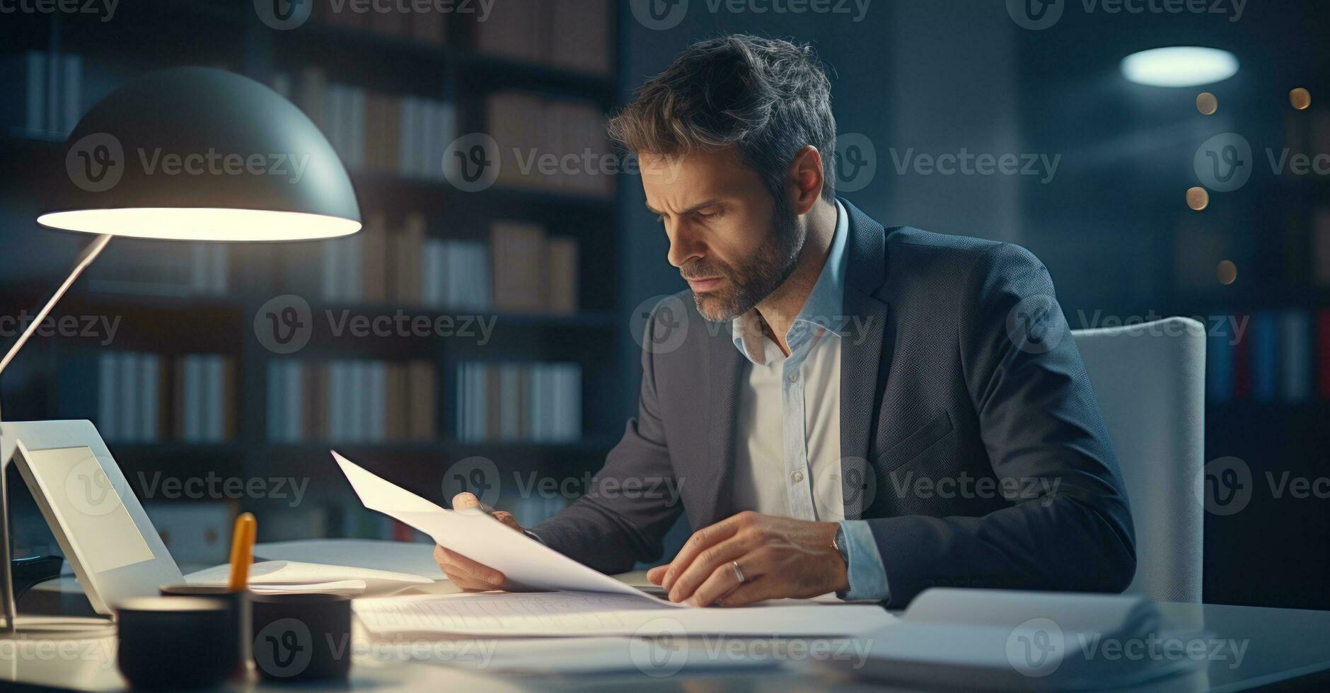 A dedicated employee is the last one in the office, working overtime at his desk photo