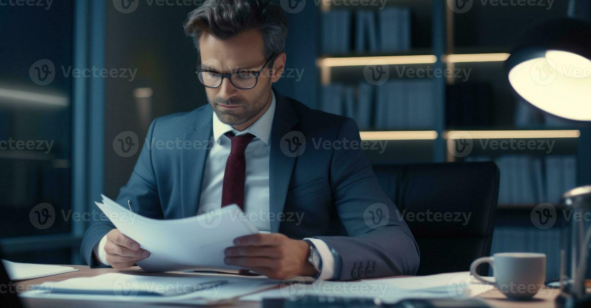 A dedicated employee is the last one in the office, working overtime at his desk photo