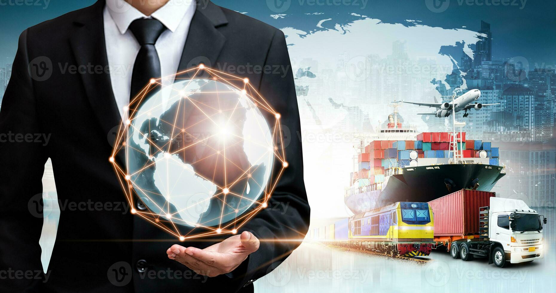 Businessman holding digital globe in palm for logistics import export background and container cargo freight ship transport concept photo