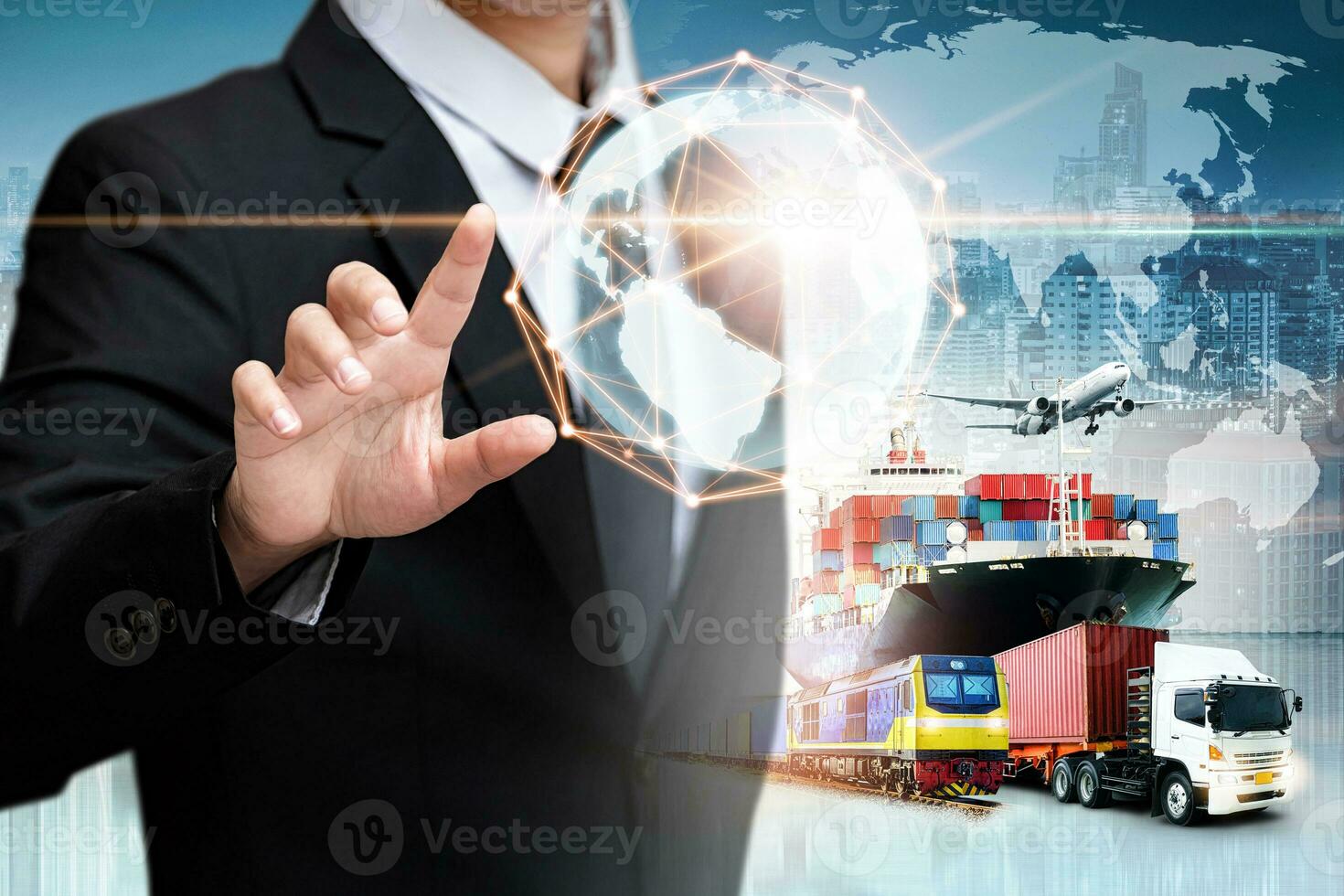 Businessman holding digital globe in palm for logistics import export background and container cargo freight ship transport concept photo