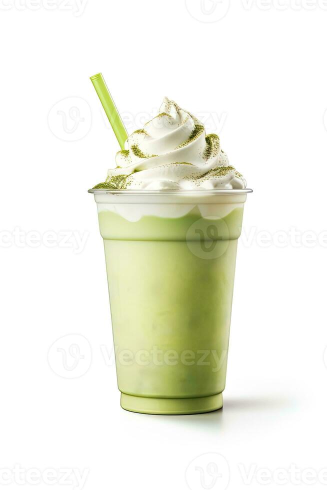 Green tea frappucino with whipped cream in a takeaway cup isolated on white background. ai generated photo