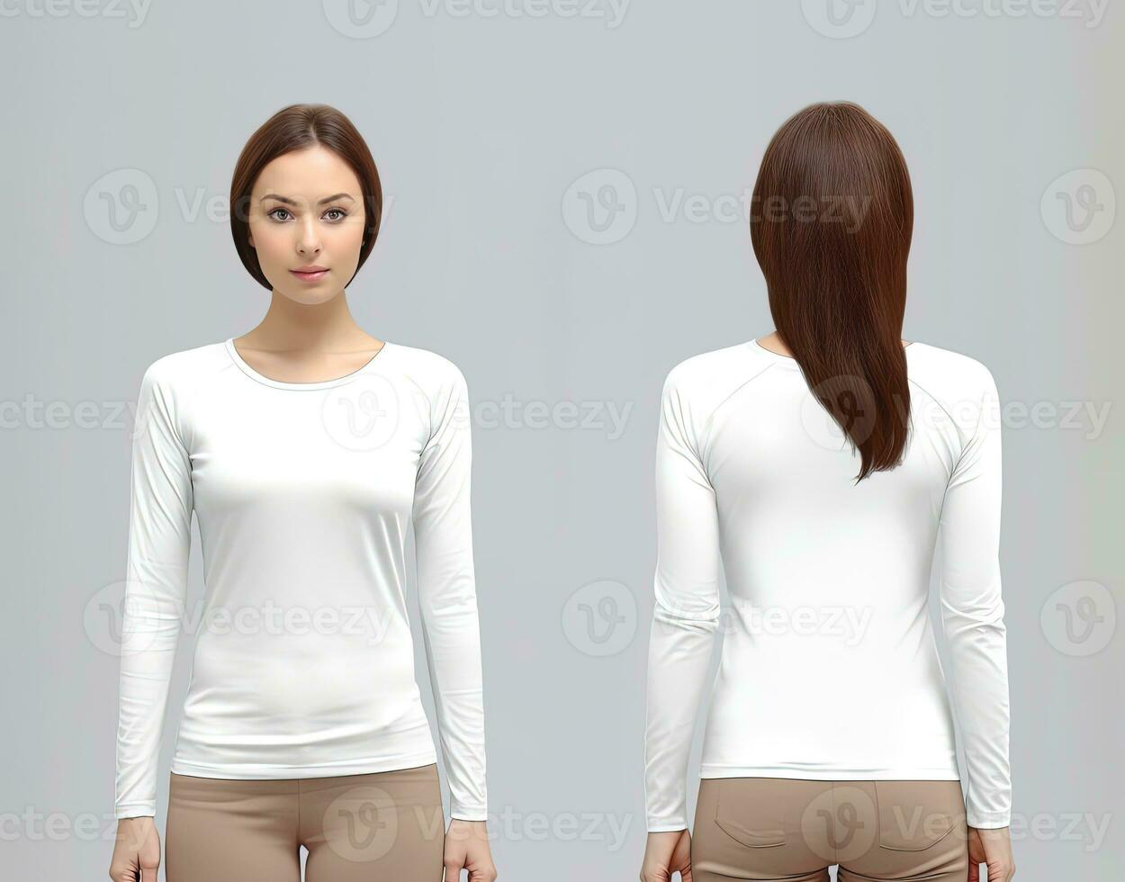 Woman wearing a white T-shirt with long sleeves. Front and back view. ai generated photo