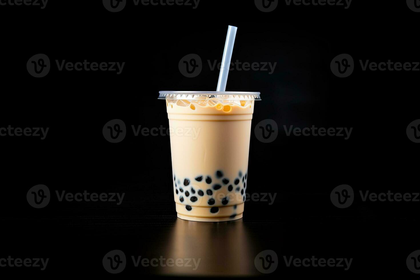 milk tea white bubble on plastic cup, isolated on dark background, side view. ai generated photo