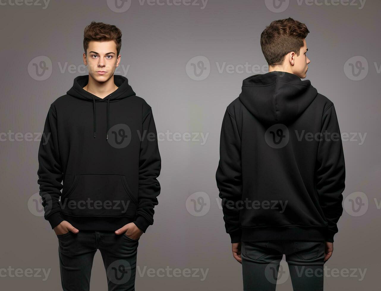 Front and back view of a black hoodie mockup for design print. ai generated photo