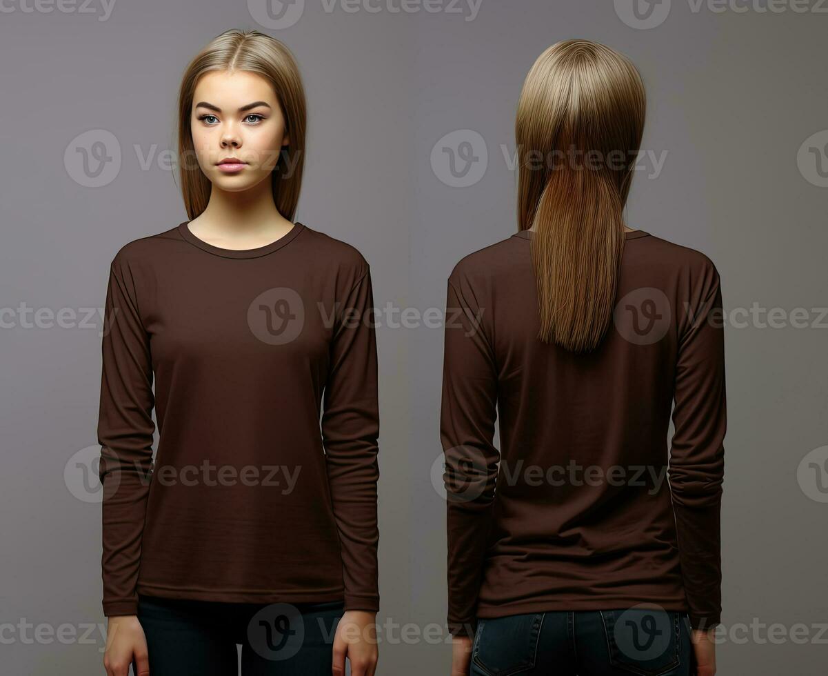 Woman wearing a brown T-shirt with long sleeves. Front and back view. ai generated photo